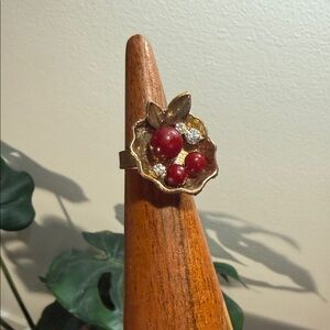 anthropologie chunky ring fruit basket red with sparkly crystal statement ring